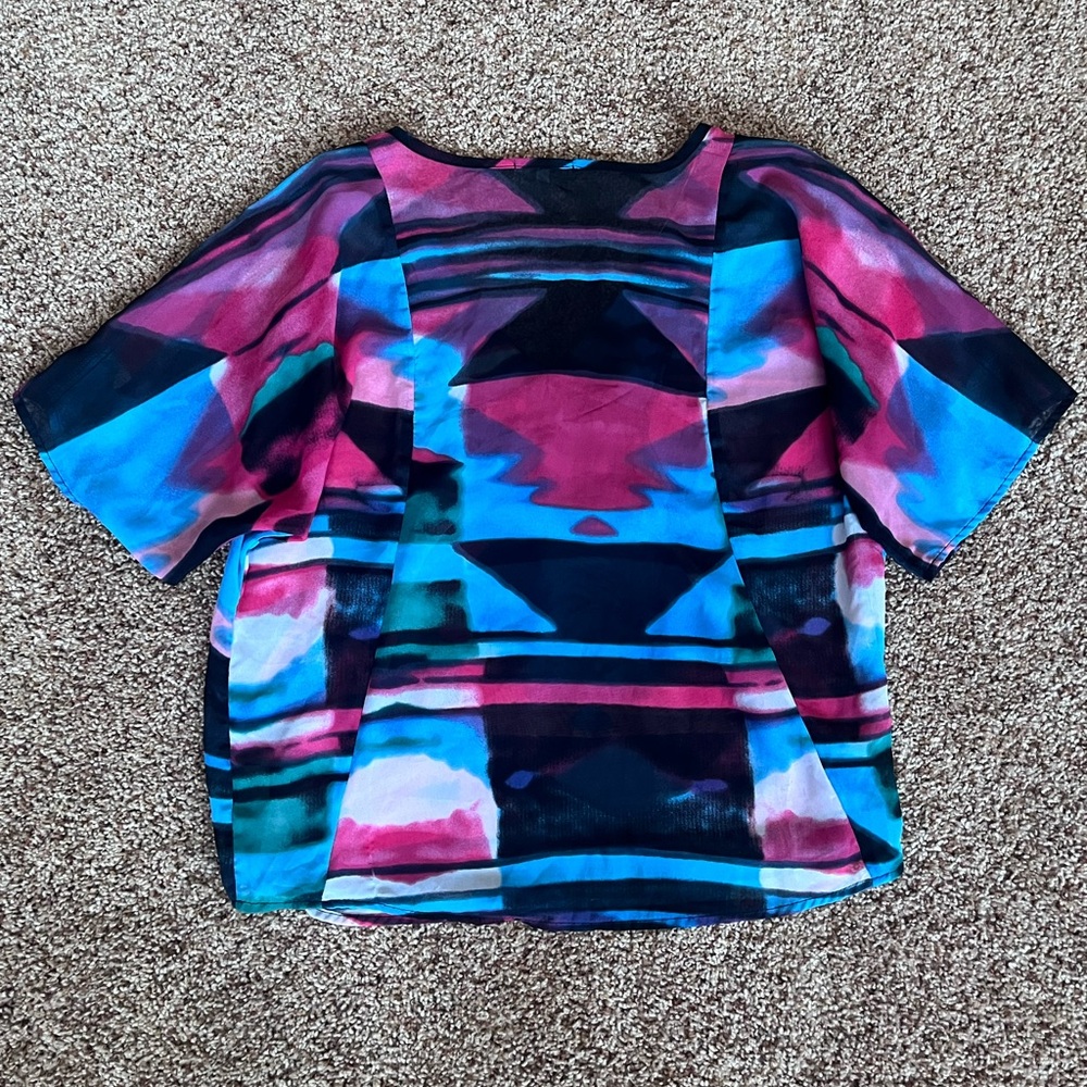 Y2K Vintage Charlotte Russe Flowy Sheer‎ Abstract Multicolor V-Neck Blouse - Picture 3 of 4